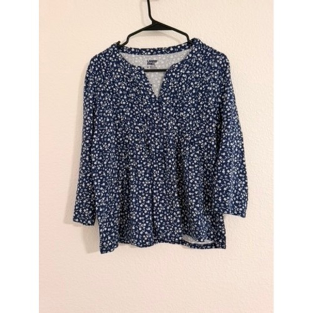 Lands End Navy Blue Floral Pintuck Henley Top 3/4 Sleeve Knit Blouse Womens M